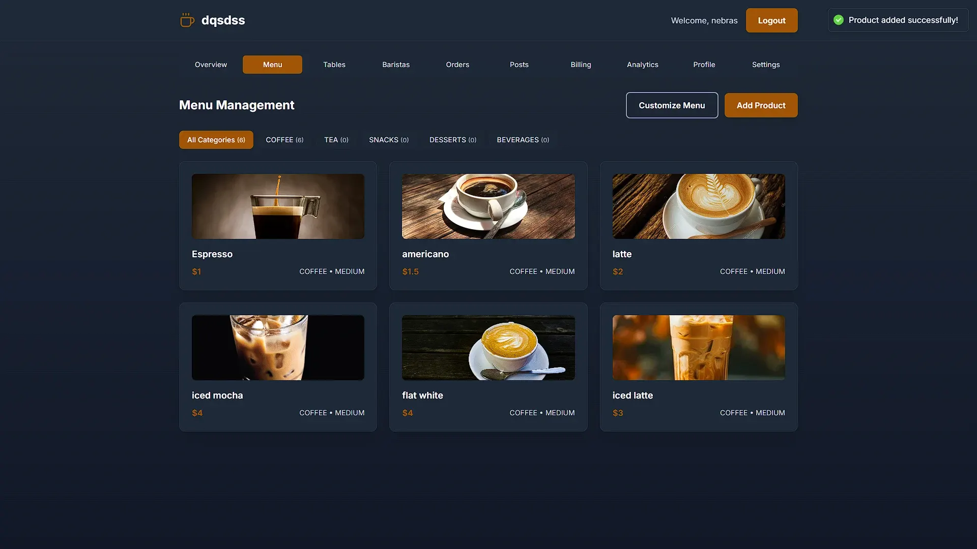 Menu management: products with photos, grouped by category