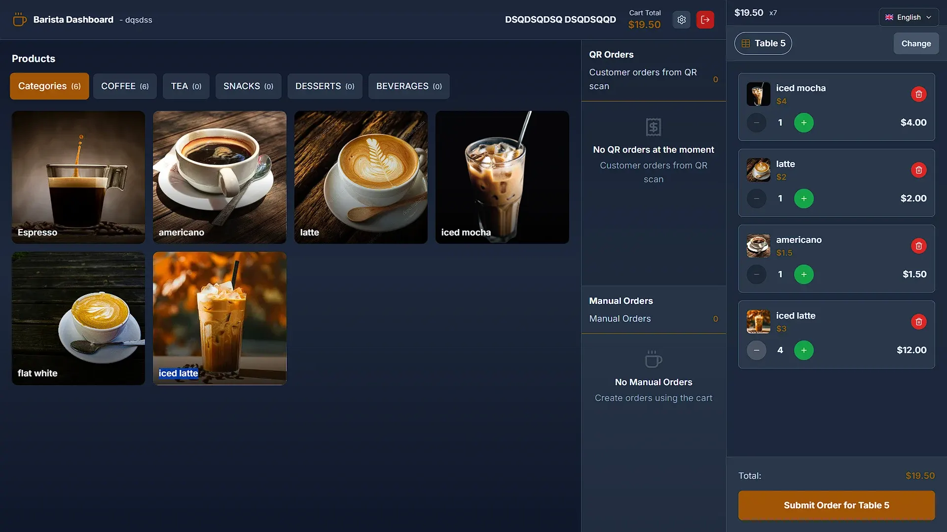 CoffeesCloud barista dashboard with the product grid, the QR and manual order queues and a cart for table 5