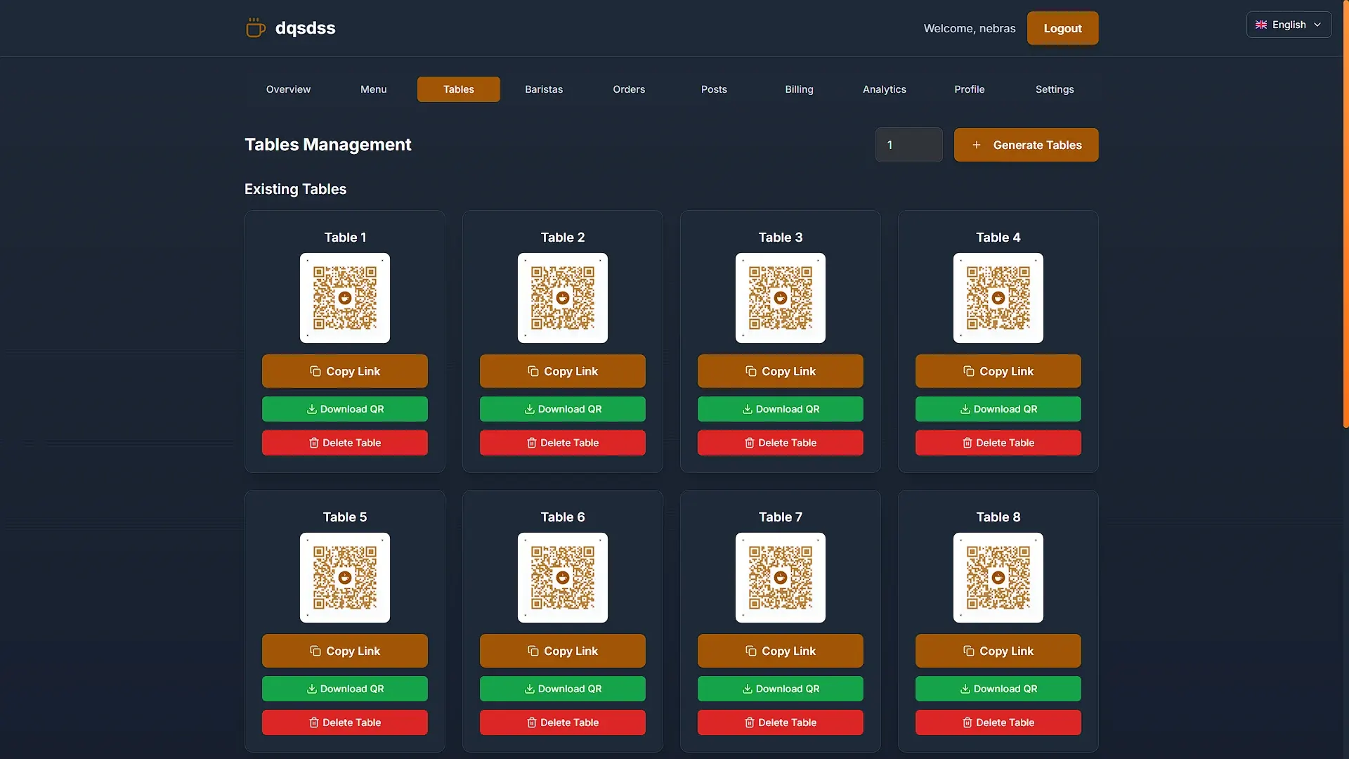 Table management: one QR code per table, with copy, download and delete actions