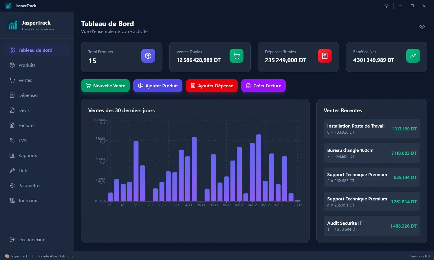 JasperTrack v2 dashboard with sales totals, a 30-day sales chart and recent sales, filled with demo data