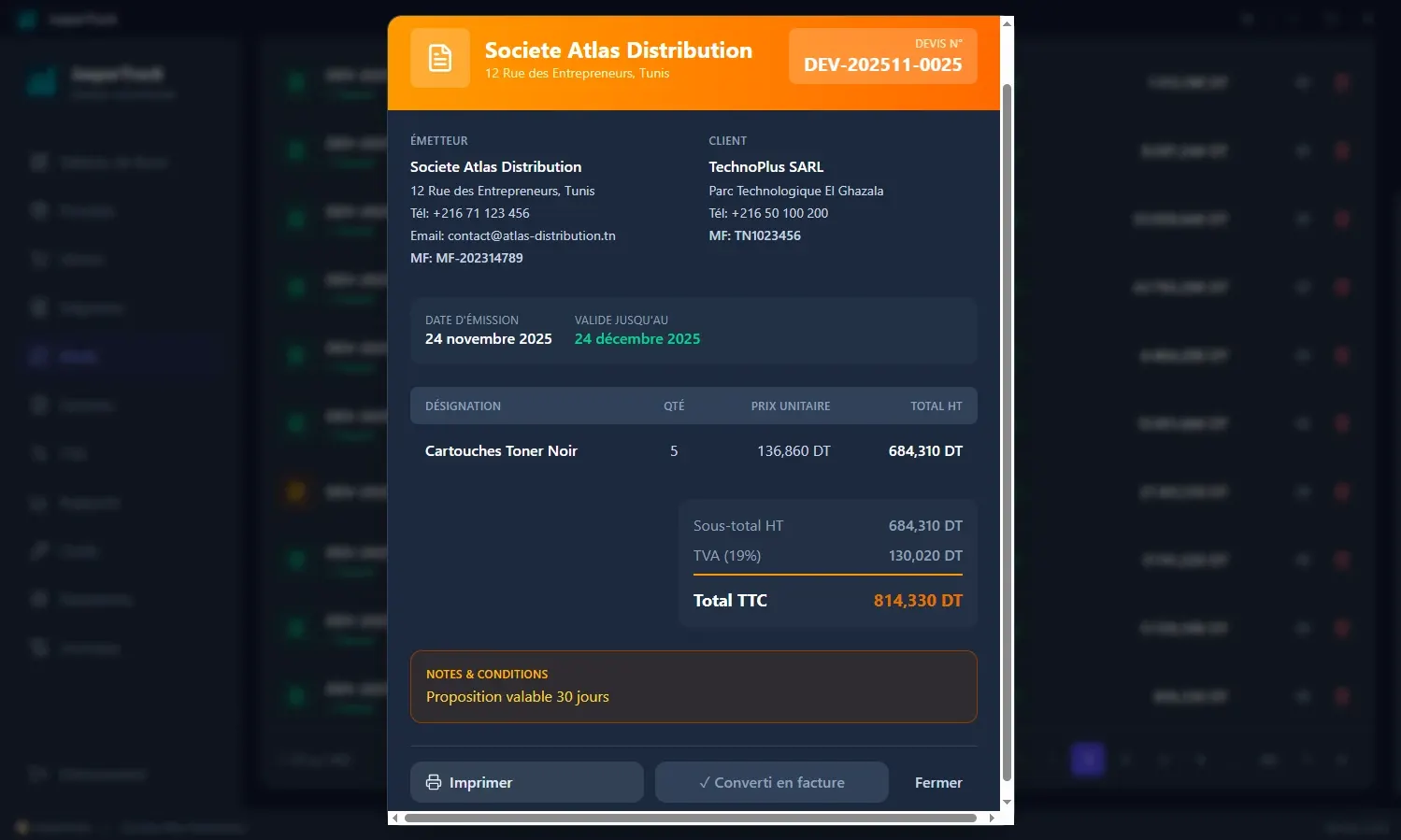 A quote preview with line items, VAT and total, with demo data