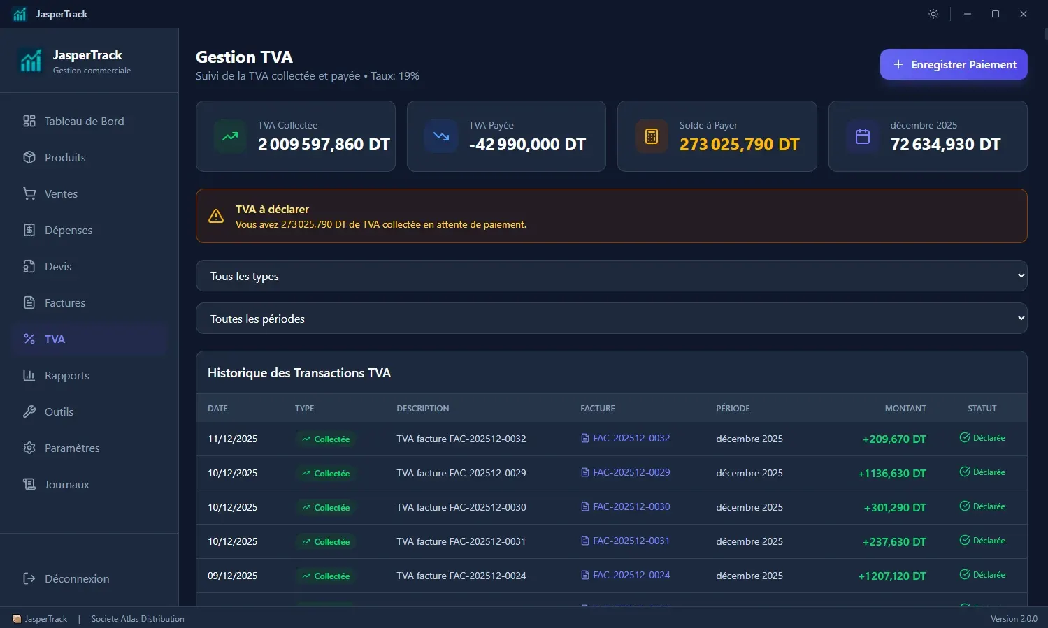 VAT management showing collected and paid VAT and the transaction history, with demo data