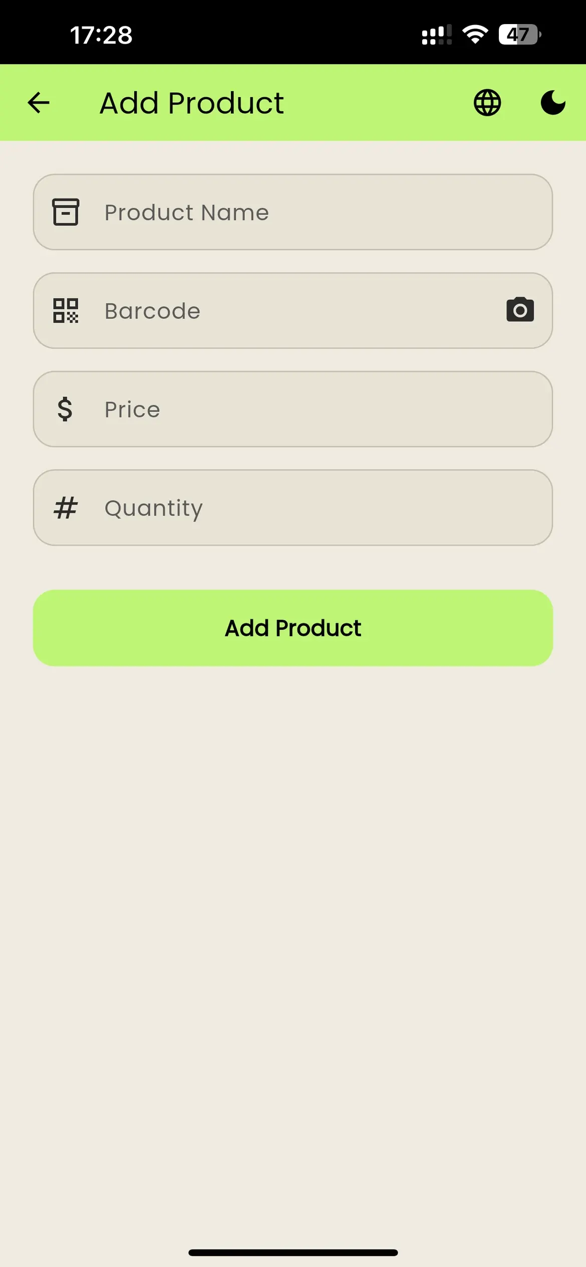 The Add Product form with name, barcode, price and quantity