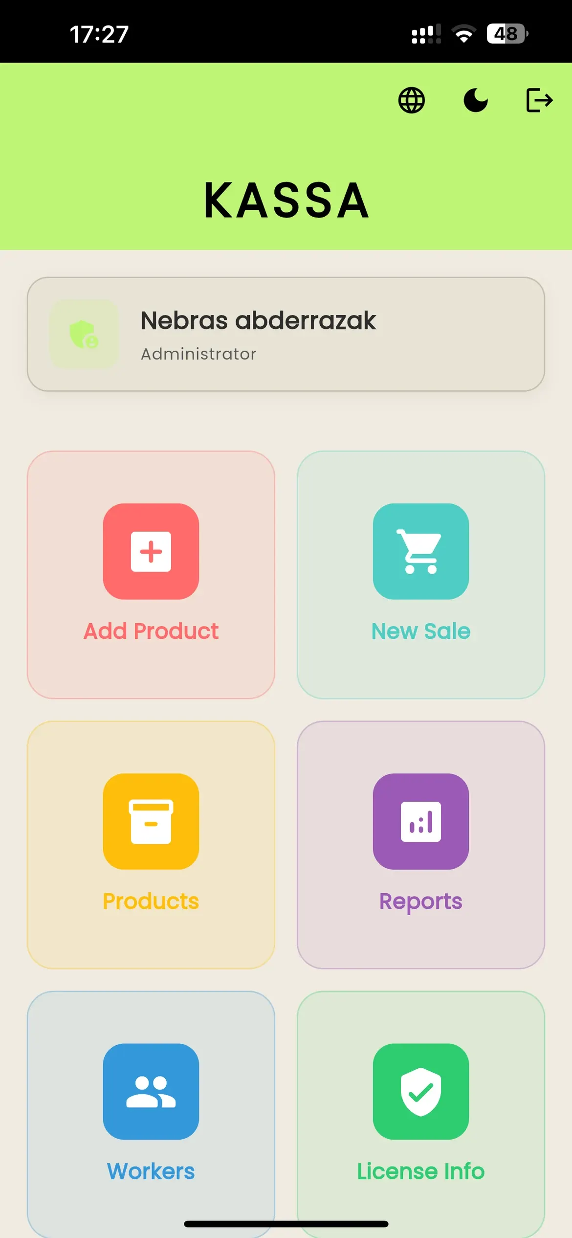 Kassa home screen with shortcuts to add a product, start a sale, products, reports, workers and licence info