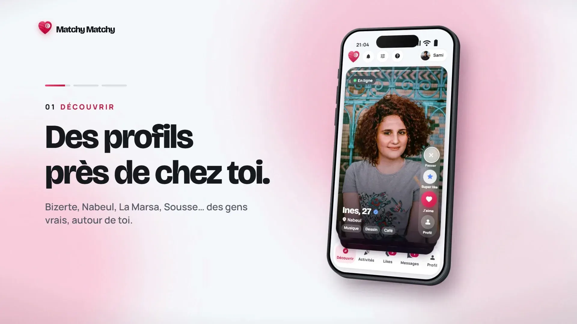 Discover: a nearby profile card on a phone, with interests and city