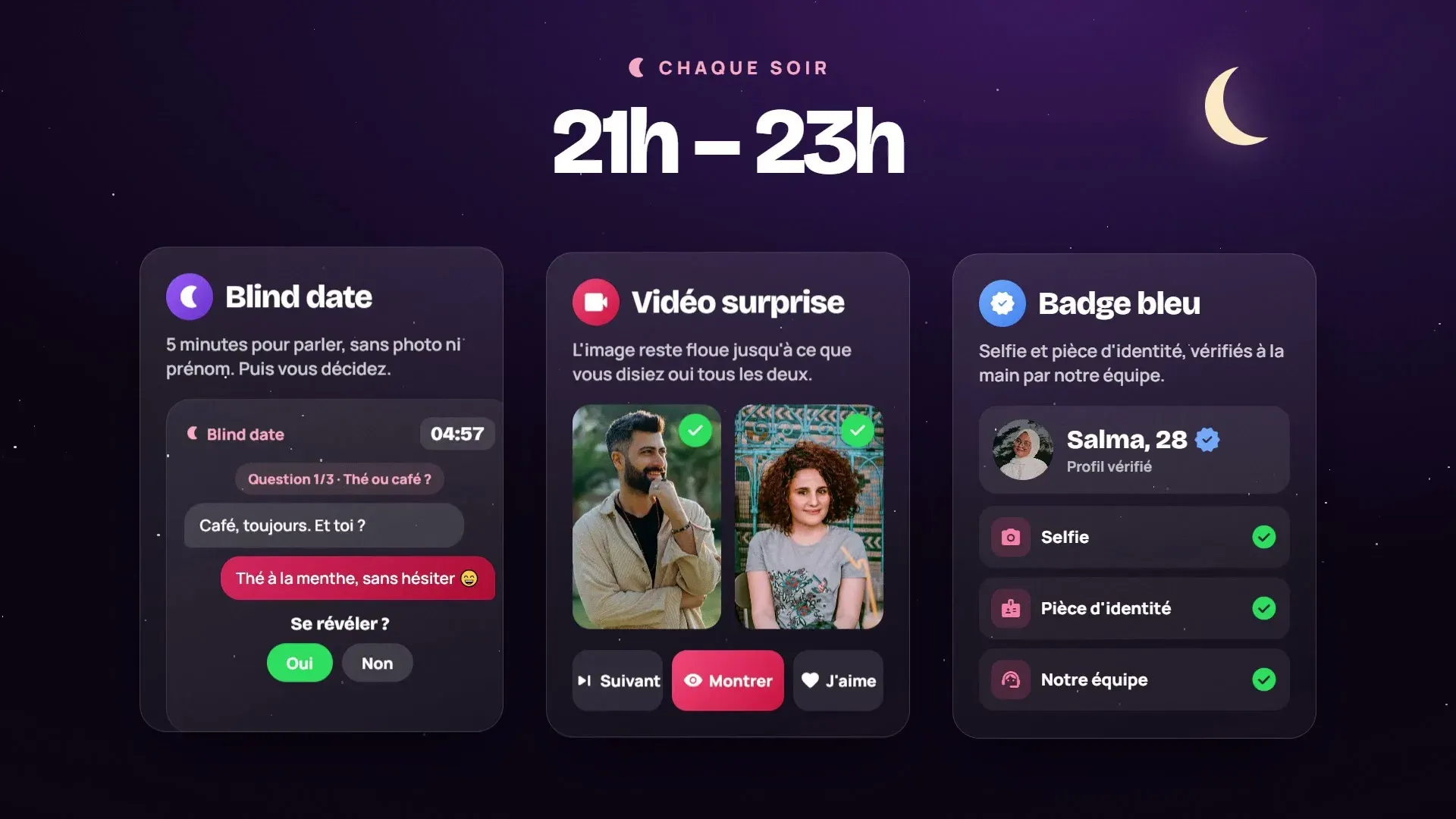 The evening activities, 21h–23h: Blind date, Vidéo surprise and the hand-checked blue badge